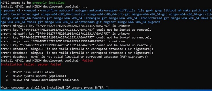 MSYS2 development toolchain setup error.