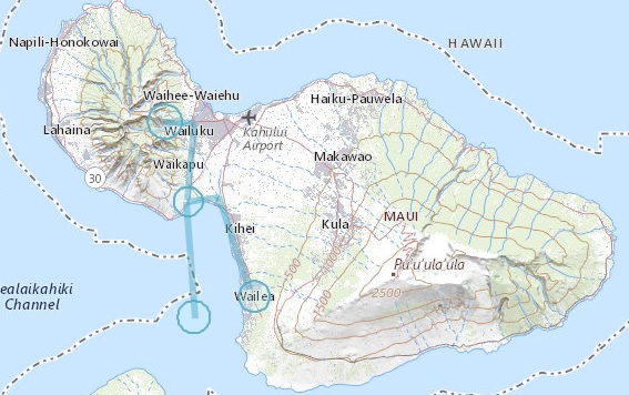 Driving route to Molokini crater snorkeling tour and then to ʻIao Valley state monument.