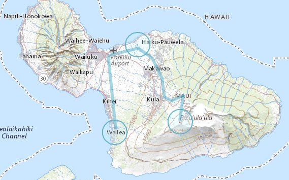 Driving route to Paia and then to Haleakala national park.